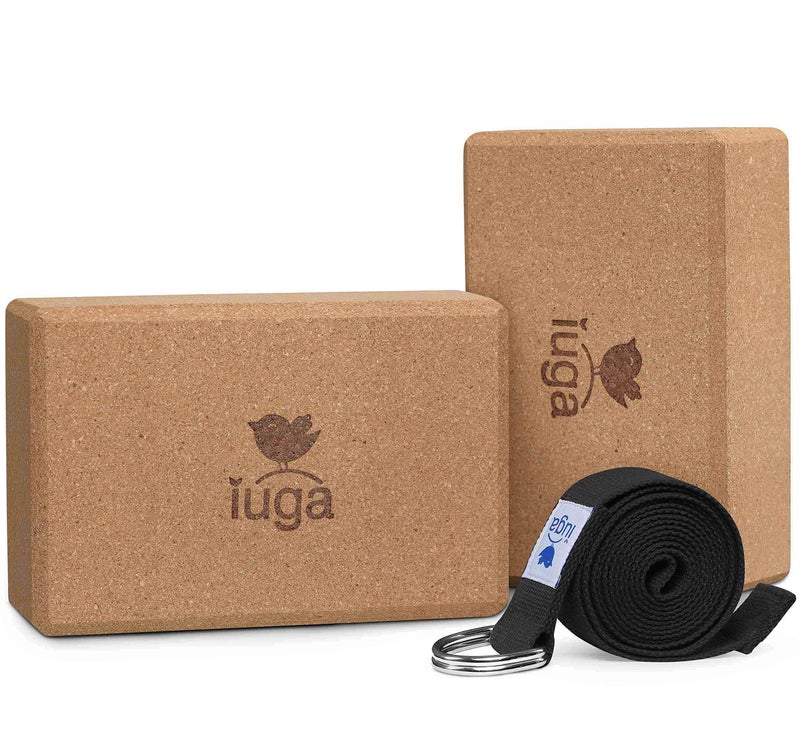 IUGA Yoga Blocks 2 Pack With Strap Non Slip High Density 9"x6"x3" Solid & Cork Yoga Block With Yoga Strap to Improve Strength Balance for Yoga Pilates Meditation - Image 1